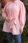 Pembe Ön Ve Kol Ucu Büzgülü Kemerli Tunik