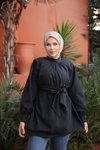 Siyah Ön Ve Kol Ucu Büzgülü Kemerli Tunik