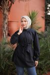 Siyah Ön Ve Kol Ucu Büzgülü Kemerli Tunik