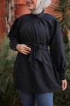Siyah Ön Ve Kol Ucu Büzgülü Kemerli Tunik