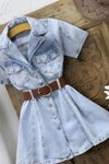 Ice Blue Extra Mini Belted A-Line Youth Summer Flared Denim Dress