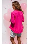 Fuşya Fırfırlı Arkası Uzun Pamuk Keten Rahat Kesim Bluz