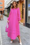 Fuşya Hakim Yaka Kol Ve Etek Katlama Detaylı Salaş Uzun Kollu Poplin Elbise