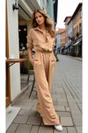 Brown Pocketed Elastic Waist and Cuffs Long Sleeve Loose Fit Kupra Jumpsuit