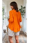 Turuncu Fırfırlı Arkası Uzun Pamuk Keten Rahat Kesim Bluz