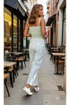 Yeşil Dar Kesim Keten Çizgili Cepli Havuç Pastel Pantolon