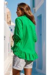 Yeşil Fırfırlı Arkası Uzun Pamuk Keten Rahat Kesim Bluz