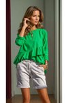 Yeşil Fırfırlı Arkası Uzun Pamuk Keten Rahat Kesim Bluz