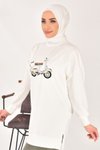 Ekru İki İplik Kumaş Scooter Nakış Detaylı Sweatshirt