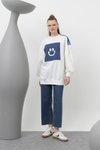 Ekru İki İplik Kumaş Smile Baskılı Oversize Sweatshirt
