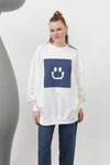 Ekru İki İplik Kumaş Smile Baskılı Oversize Sweatshirt
