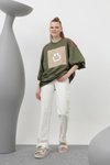 Haki İki İplik Kumaş Smile Baskılı Oversize Sweatshirt