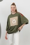 Haki İki İplik Kumaş Smile Baskılı Oversize Sweatshirt