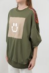 Haki İki İplik Kumaş Smile Baskılı Oversize Sweatshirt