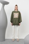 Haki İki İplik Kumaş Smile Baskılı Oversize Sweatshirt