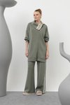 Haki Modal Kumaş Degaje Yaka Çizgi Detaylı İkili Takım