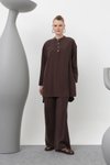 Kahverengi Cupro Kumaş Çıtçıt Detaylı İkili Takım