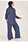 Lacivert Cupro Kumaş Tek Cepli Düğmeli İkili Takım
