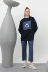 Lacivert İki İplik Kumaş Smile Baskılı Oversize Sweatshirt