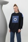 Lacivert İki İplik Kumaş Smile Baskılı Oversize Sweatshirt
