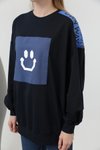Lacivert İki İplik Kumaş Smile Baskılı Oversize Sweatshirt