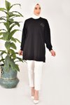Siyah Modal Kumaş Taş Ve Nakış Detaylı Tunik