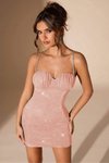 Askılı Bej Taşlı Askı Kimli Kumaş Cuplu Pudra Pembe Mini Abiye Elbise