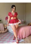 Kırmızı Dantelli Puantiyeli Mini Gecelik Takım