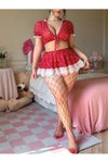 Kırmızı Dantelli Puantiyeli Mini Gecelik Takım