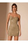 Metalik Taşlı Askılı Cuplu Mini Simli Abiye Elbise