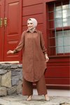 Brown Summer Shirt Collar and Front Buttoned Linen Fabric Long Tunic Pants Two-Piece Set
