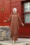 Kahverengi Yazlık Gömlek Yaka Ve Önü Düğmeli Keten Kumaş Uzun Tunik Pantolon İkili Takım