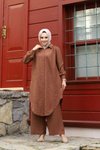 Kahverengi Yazlık Gömlek Yaka Ve Önü Düğmeli Keten Kumaş Uzun Tunik Pantolon İkili Takım