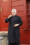Siyah Yazlık Gömlek Yaka Ve Önü Düğmeli Keten Kumaş Uzun Tunik Pantolon İkili Takım