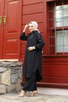Siyah Yazlık Gömlek Yaka Ve Önü Düğmeli Keten Kumaş Uzun Tunik Pantolon İkili Takım