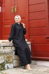 Siyah Yazlık Gömlek Yaka Ve Önü Düğmeli Keten Kumaş Uzun Tunik Pantolon İkili Takım