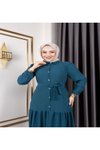 Turkuaz Belden Kuşaklı Ve Bisiklet Yaka Önü Düğmeli Bürümcük Kumaş Elbise