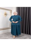 Turkuaz Belden Kuşaklı Ve Bisiklet Yaka Önü Düğmeli Bürümcük Kumaş Elbise
