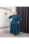 Turkuaz Belden Kuşaklı Ve Bisiklet Yaka Önü Düğmeli Bürümcük Kumaş Elbise