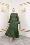 Yeşil Bisiklet Yaka,kolu Lastikli Ve Kemerli Şık Piliseli Keten Elbise