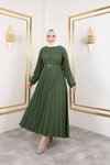 Yeşil Bisiklet Yaka,kolu Lastikli Ve Kemerli Şık Piliseli Keten Elbise