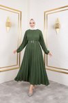 Yeşil Bisiklet Yaka,kolu Lastikli Ve Kemerli Şık Piliseli Keten Elbise
