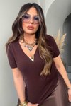 Acı Kahve Gold V Aksesuarlı Kısa Kollu Triko Bluz