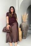 Acı Kahve Viskon Saten Midi Etek