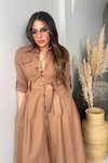 Açık Kahve Pamuk Kuşaklı Uzun Gömlek Elbise
