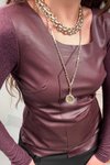 Bordo Önü Deri Triko Bluz