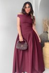 Bordo Yaka Detay Pileli Uzun Kloş Elbise
