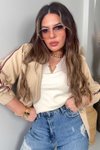 Ekru Gold V Aksesuarlı Kısa Kollu Triko Bluz