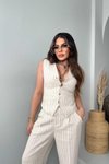 Ekru Kahve Çizgili Dokulu Pamuk Yelekli Takım