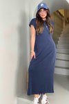 İndigo Mavi Oysh Model Vatkalı Midi Elbise